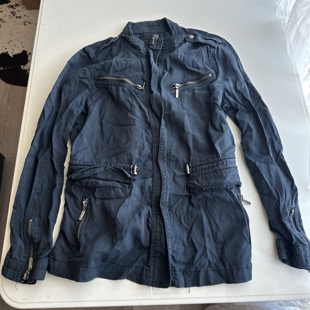 Max Jeans Jacket Chore Style Women Size Small Navy Zipper Pockets